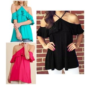 JC Fits Pink Ruffle Cold Off Shoulder Halter Top 3X